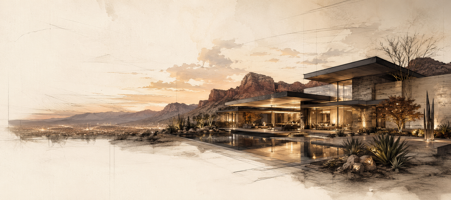 Hand-drawn architectural concept of a modern Las Vegas luxury residence