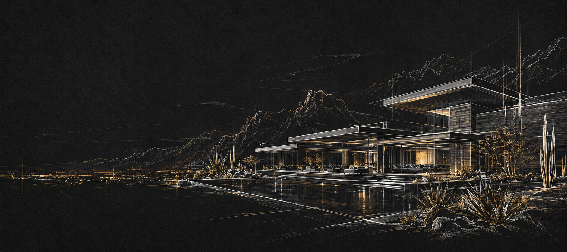 Hand-drawn architectural concept of a modern Las Vegas luxury residence